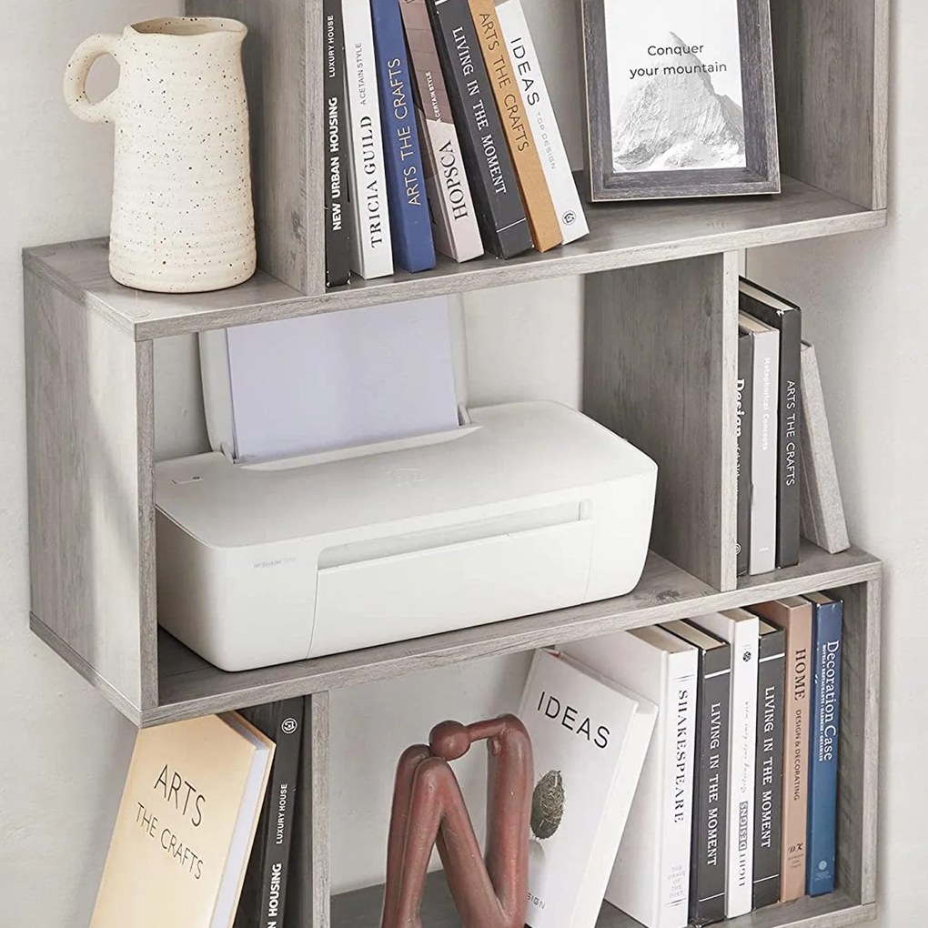 Knižnica, voľne stojaca dekoratívna polica so 6 úrovňami, greige sivá