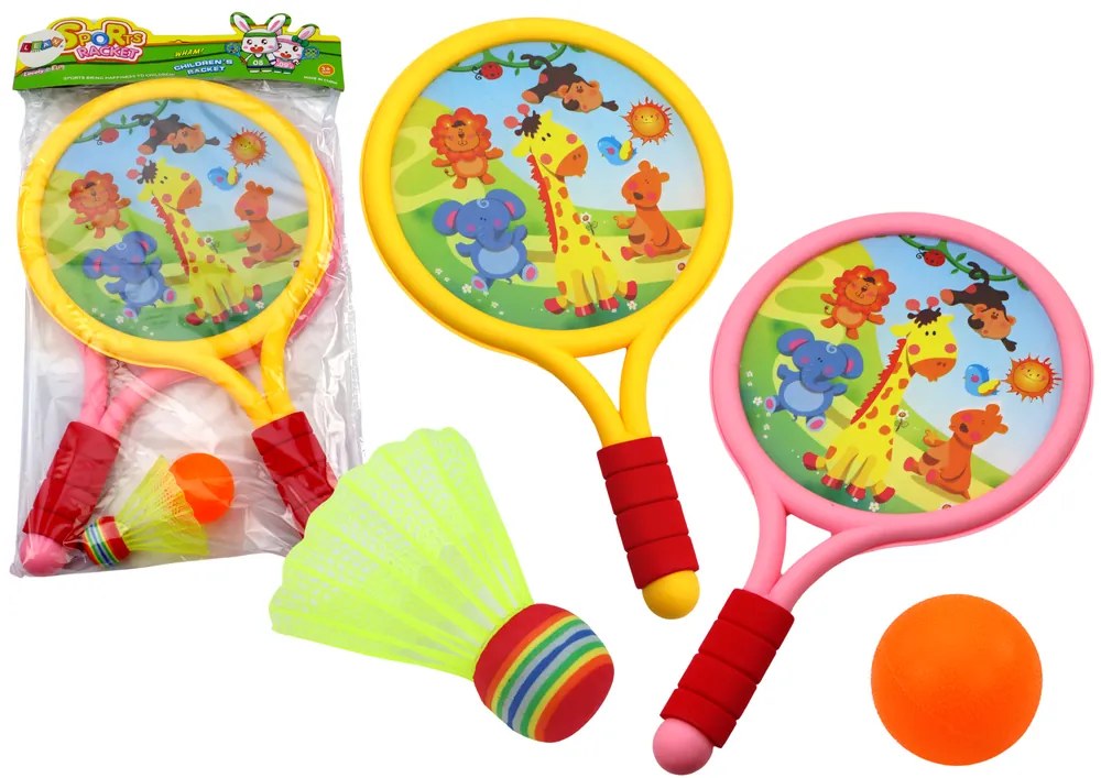 LEAN TOYS Detské bedmintonové rakety Zvieratá – žltá, ružová