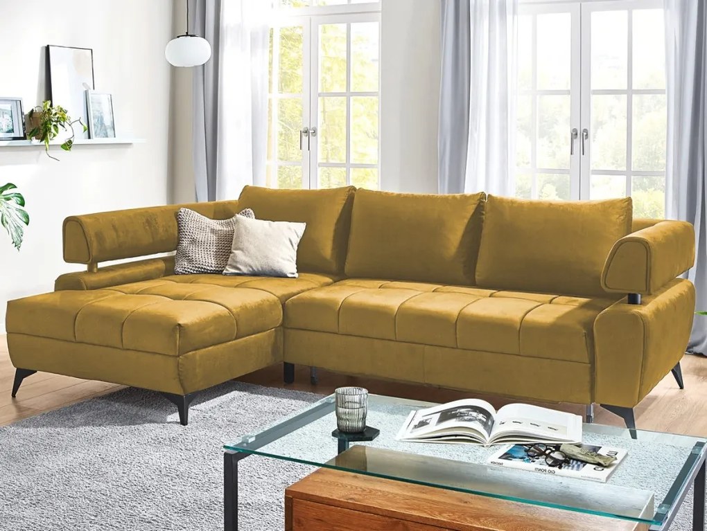 Rohová sedacia súprava Paris, horčicová žltá látka, ľavý roh