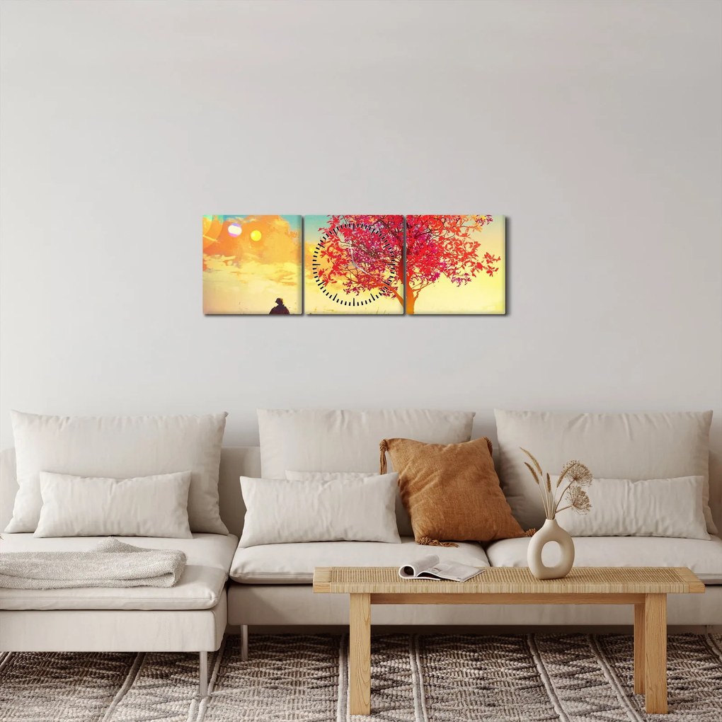 Obraz stromu na kopci (s hodinami) (90x30 cm)