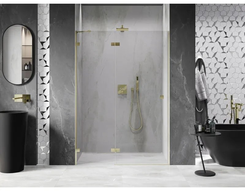 Mexen, Mexen Lunar ľavé výklopné sprchové dvere 130 cm, transparentné, brúsené zlaté - 834-130-000-55-00-L