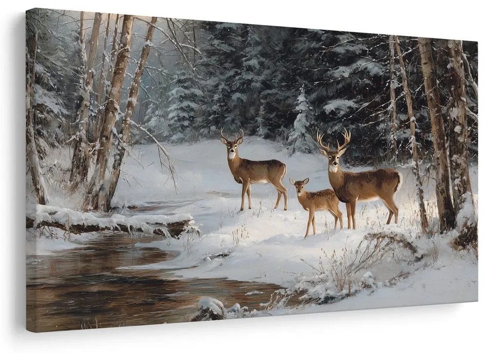 Vianočný obraz zimný les s krásnymi jeleňmi