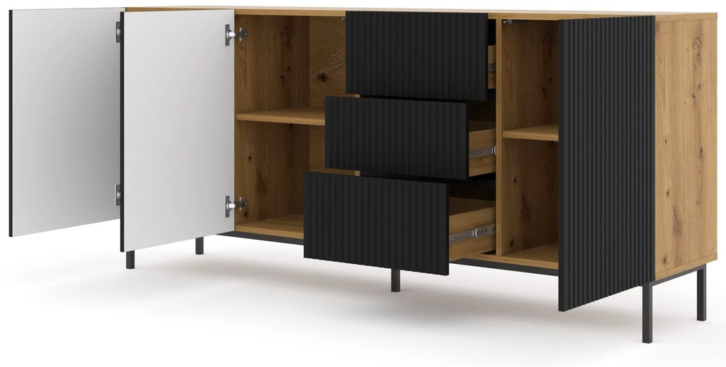 Komoda 3D3S 200 Rowanna (dub artisan + čierna). Akcia -20%. Vlastná spoľahlivá doprava až k Vám domov. 1125010