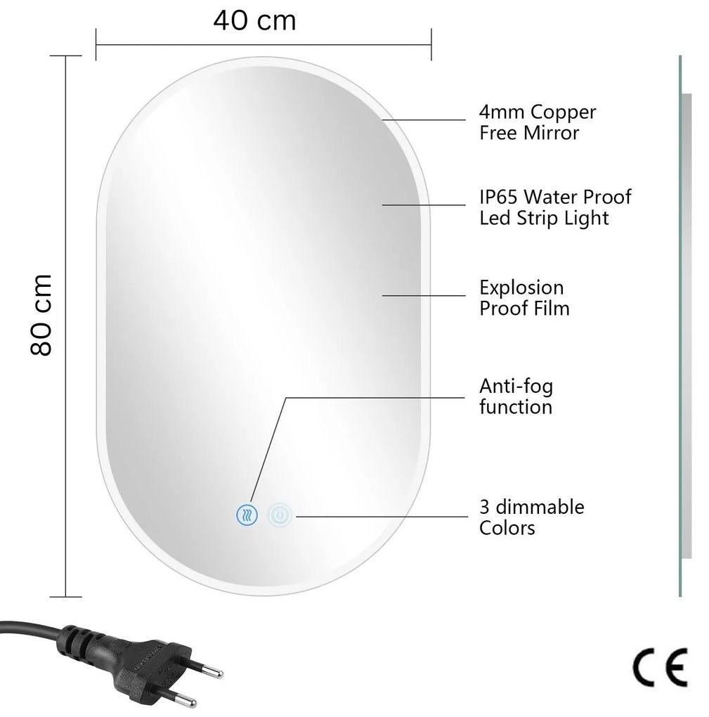 Erga Demi, oválne LED zrkadlo 40x80cm, 3 farby svetla, predné osvetlenie, vyhrievacia podložka proti zapareniu, ERG-V01-DEMI-4080-CL