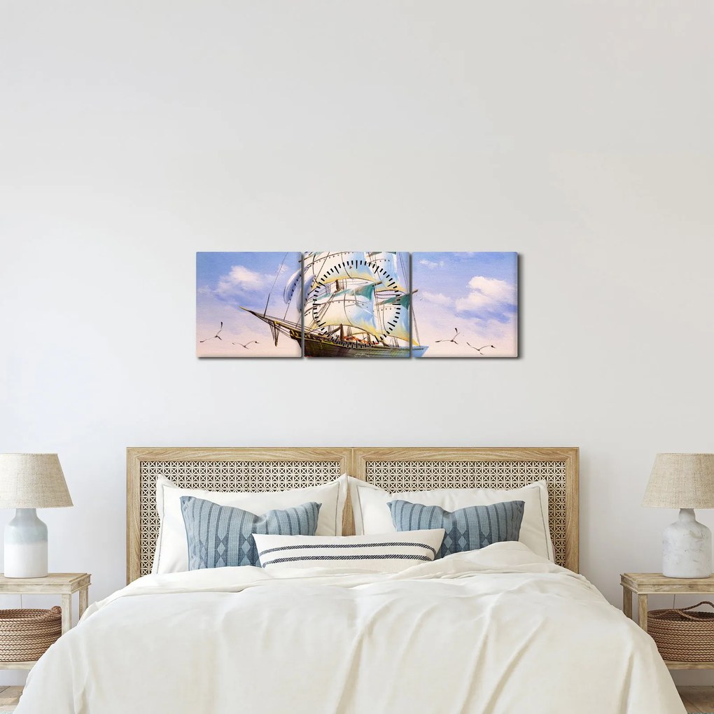Obraz lode na vlnách (s hodinami) (90x30 cm)