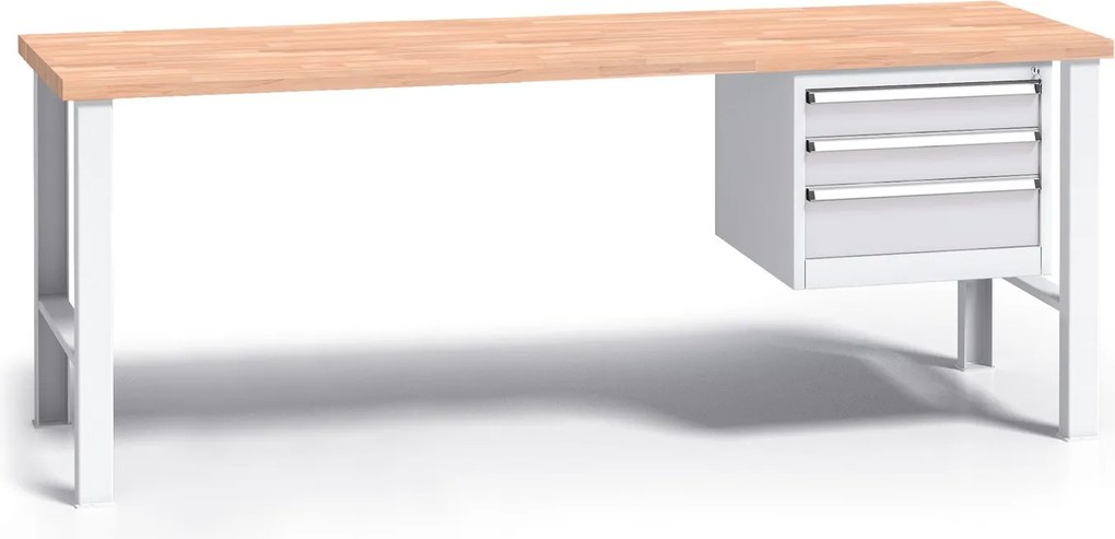 Pracovný stôl do dielne G3 so závesným boxom na náradie, buková škárovka, 3 zásuvky, pevné kovové nohy, 2000 mm, sivá