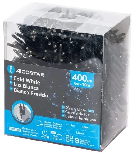 Aigostar - LED vonkajší svetelný reťazec, 400 LED, 8 režimov, 13 m, IP44, studená biela