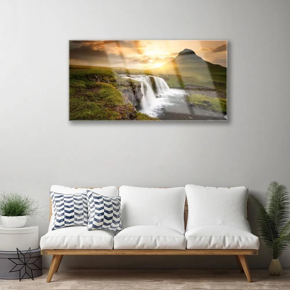 Skleneny obraz Hory vodopád príroda 100x50 cm