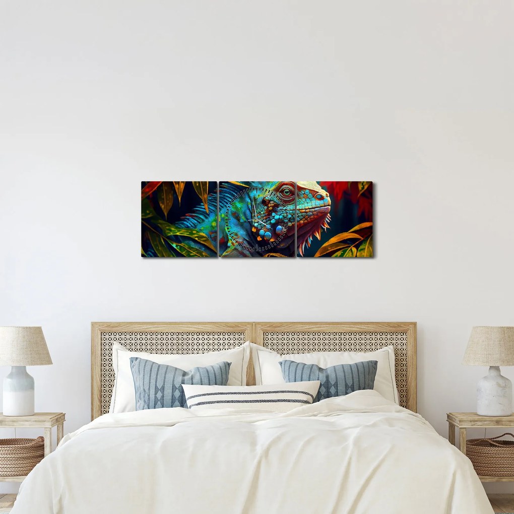 Obraz - Farebný leguán (s hodinami) (90x30 cm)