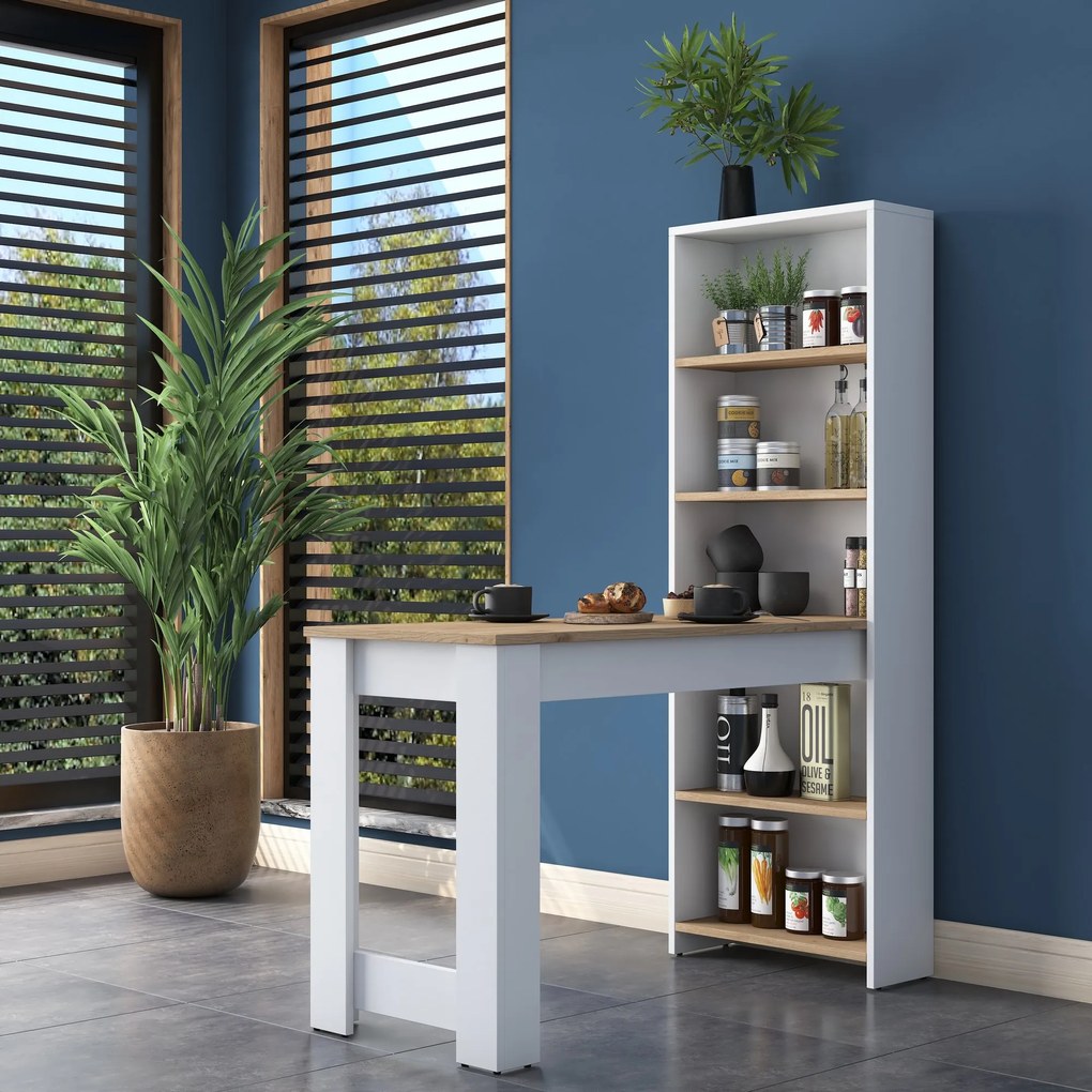 Barový stôl s regálom JAGUAR, biela/orech