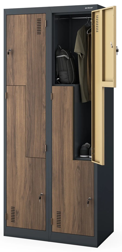 Šatňová skrinka typu L so štyrmi priehradkami, antracitová/orechová, 800x1850x450 mm: JULIA Eco Design