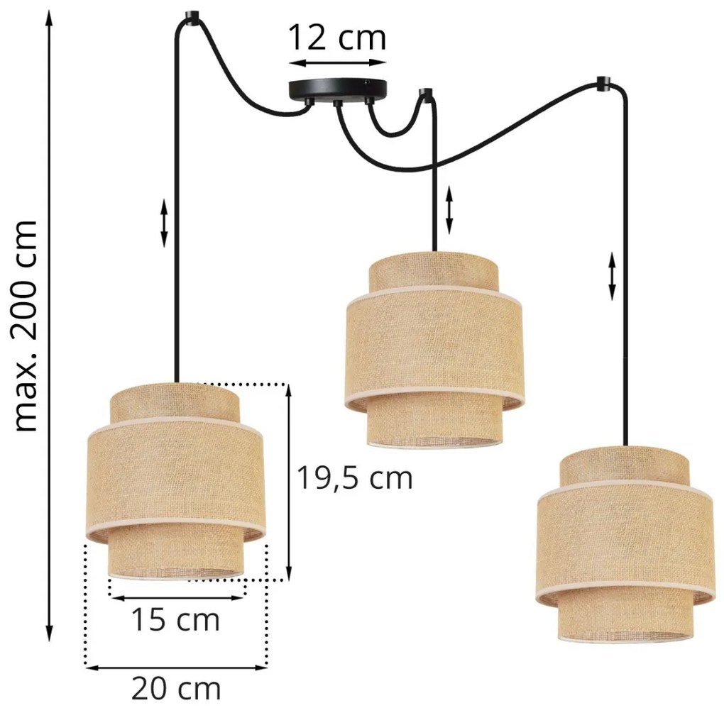 Závesné svietidlo BOHO SPIDER, 3x jutové tienidlo, (výber z 2 farieb konštrukcie)