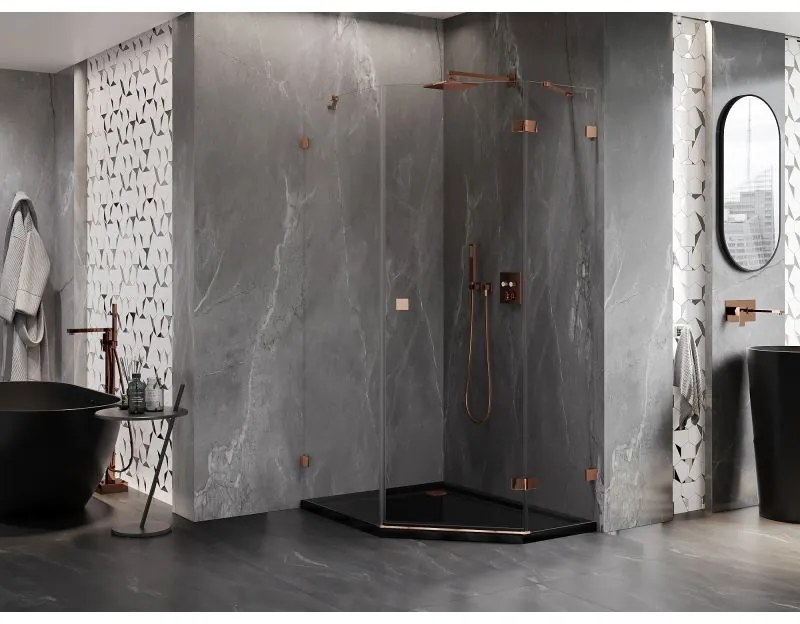 Mexen Lunar, päťuholníkový sprchový kút s pravým sklonom 90 x 100 cm, 8mm číre sklo, profil ružové zlato, 831-090P-100L-60-00-P