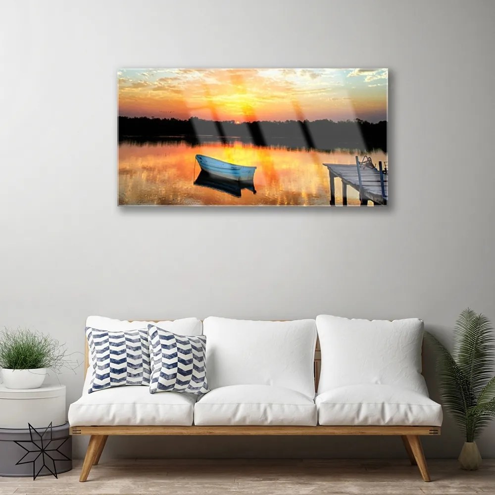 Skleneny obraz Loďka most jazero príroda 100x50 cm