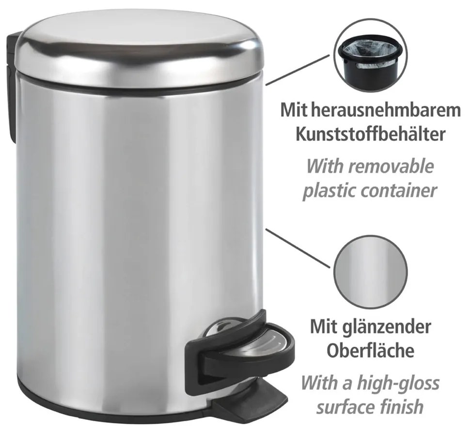 Pedálový odpadkový kôš v striebornej farbe Wenko Leman Shiny, 3 l