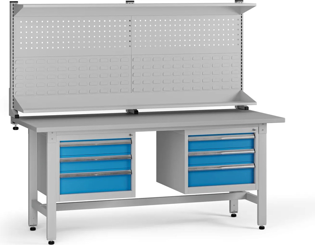 Výškovo nastaviteľný dielenský stôl G5 s nadstavbou, 1800 x 750 x 800-1000 mm, 2x kontajner, 6 zásuviek, modrá
