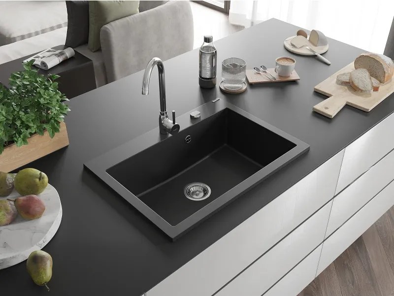 Mexen Elix granitový drez s 1 komorou 700 x 500 mm, čierny, sifón chróm - 6526701005-77