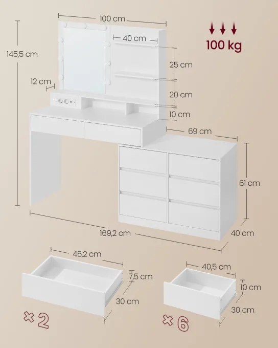 Toaletný stolík so zrkadlom a LED osvetlením RDT140WB01