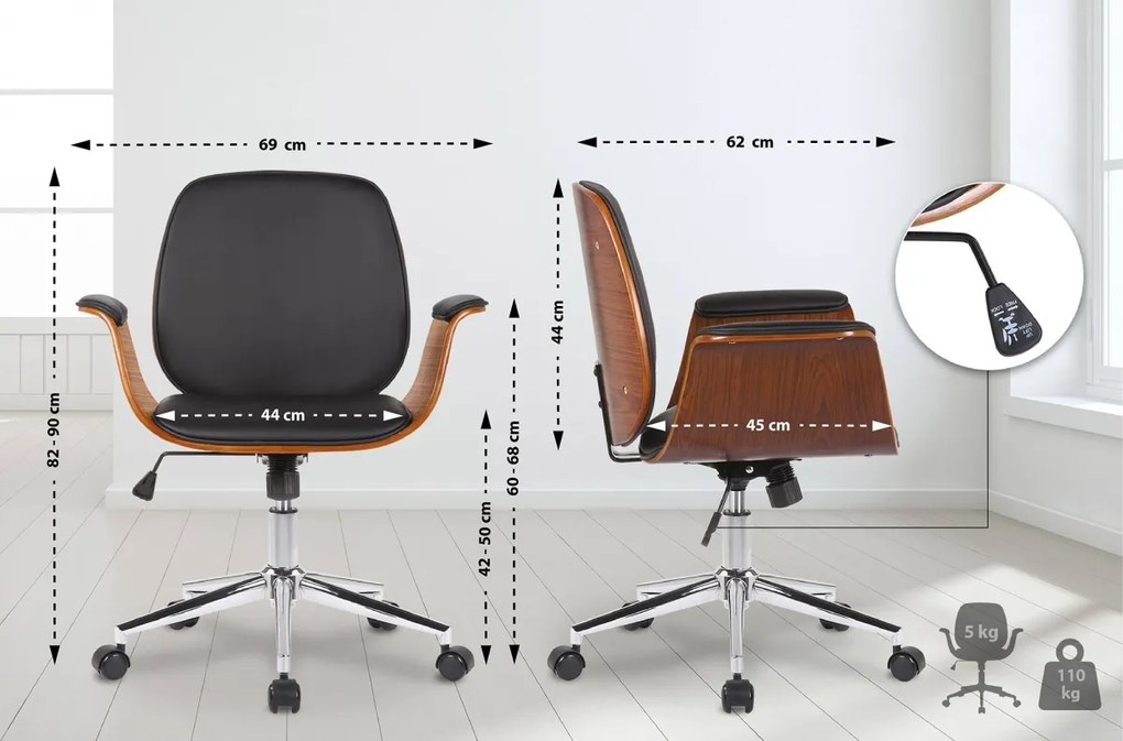 Design-Shop Kancelárska stolička Kemberg - koženka, drevo orech - Čierna