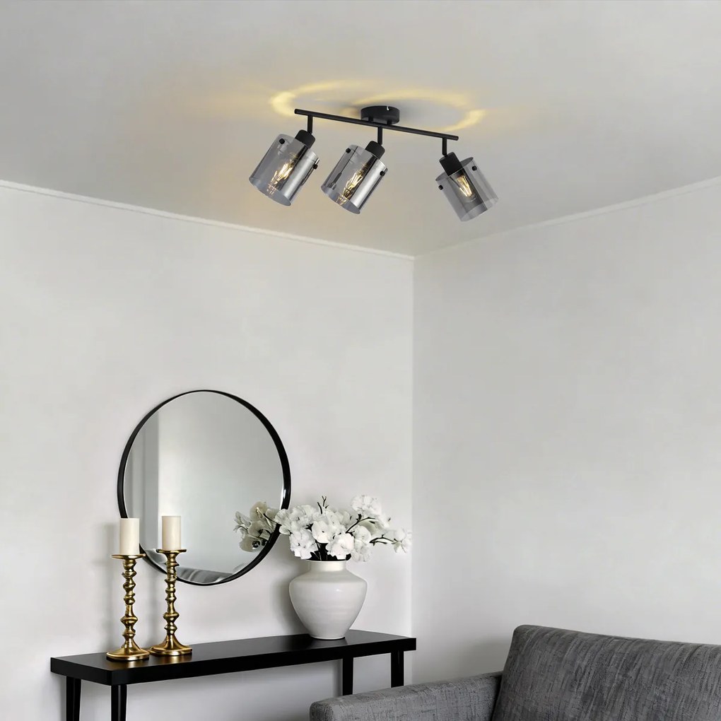 Dizajnový stropný reflektor čierny s dymovým sklom 3-svetelný - Domo