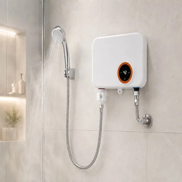 Prietokový ohrievač vody 5500 W so sprchou - biely