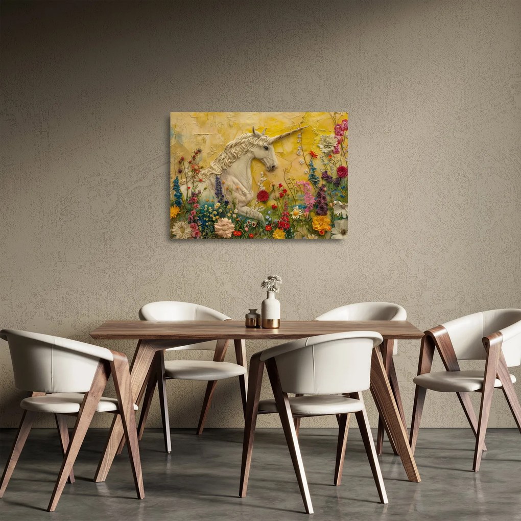 Sklenený obraz - Jednorožec s kvetinami (70x50 cm)