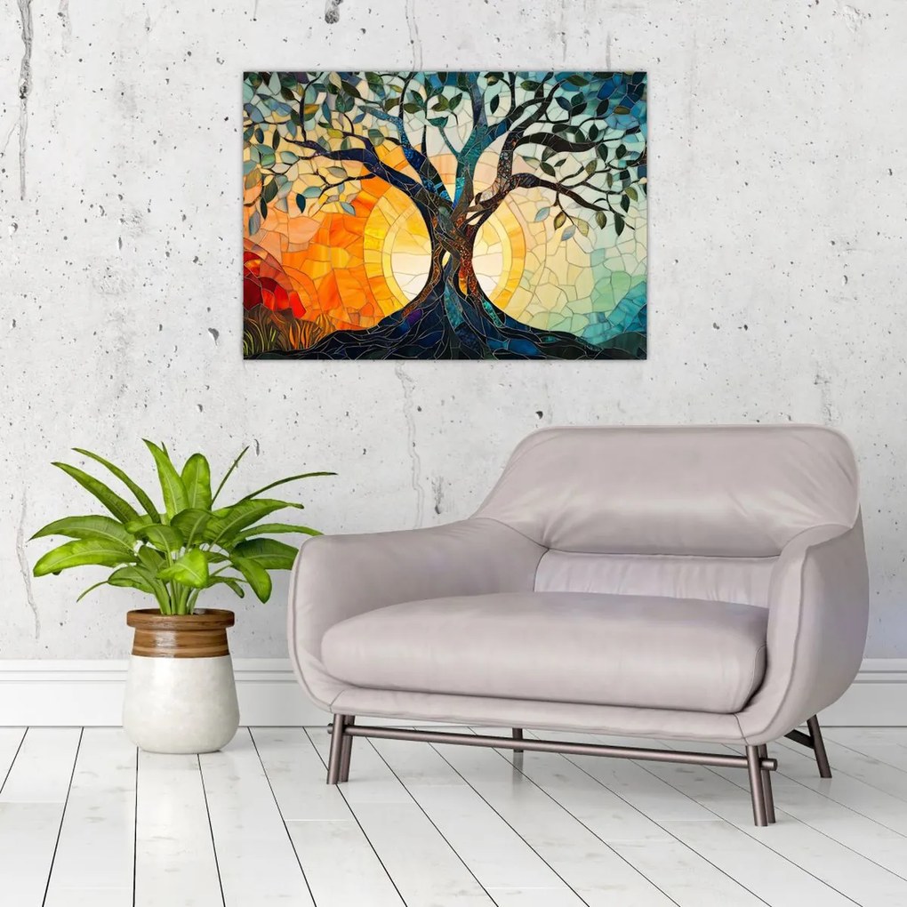 Sklenený obraz – Mozaika – slnko a strom I. (70x50 cm)