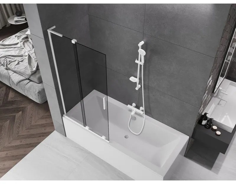 Mexen Velar L, 2-krídlová posuvná vaňová zástena 95 x 150 cm, 8mm šedé sklo, biela matná, 896-095-003-41-20