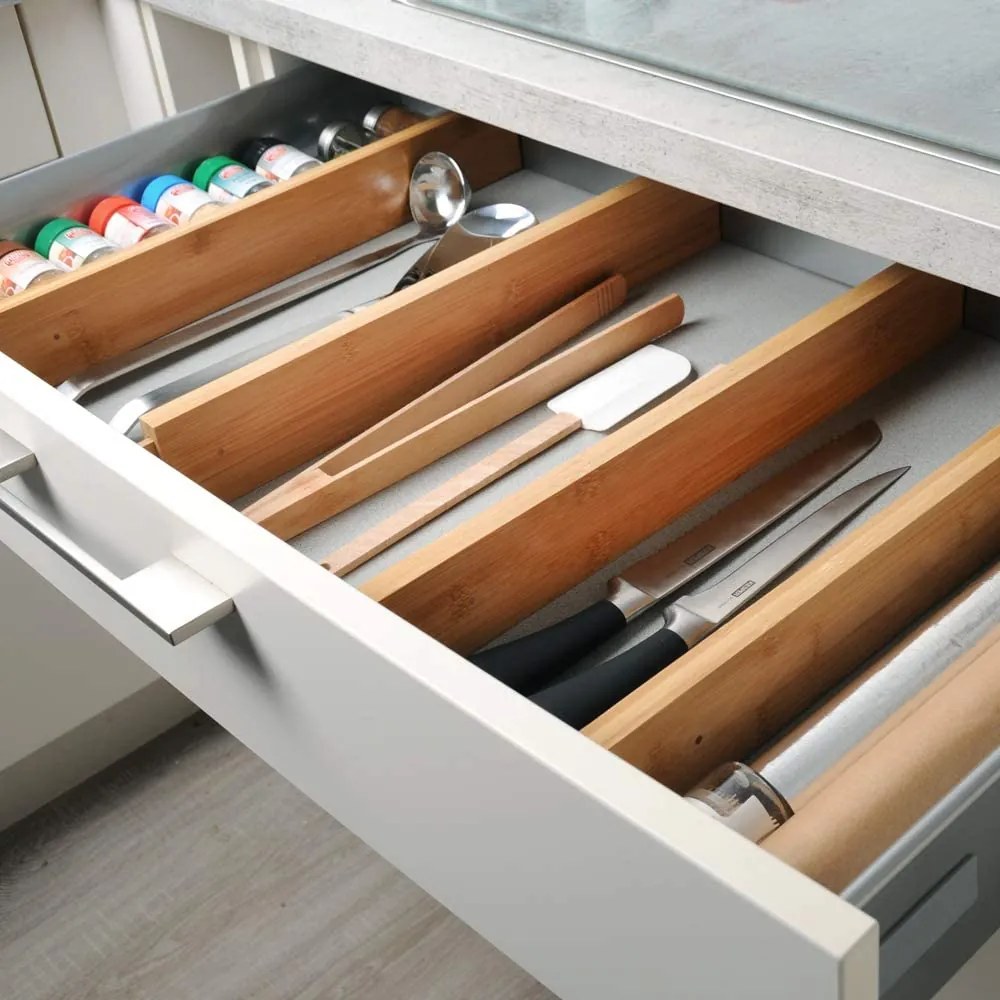 VERK GROUP Priečka / rozdeľovač, organizér do zásuvky 4ks, bambus - nastaviteľná až do 56 cm, RUNHY