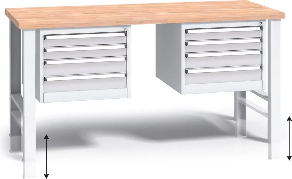 Výškovo nastaviteľný pracovný stôl do dielne G3 s 2 závesnými boxami na náradie, buková škárovka, 8 zásuviek, 1700 x 685 x 840 - 1050 mm, sivá