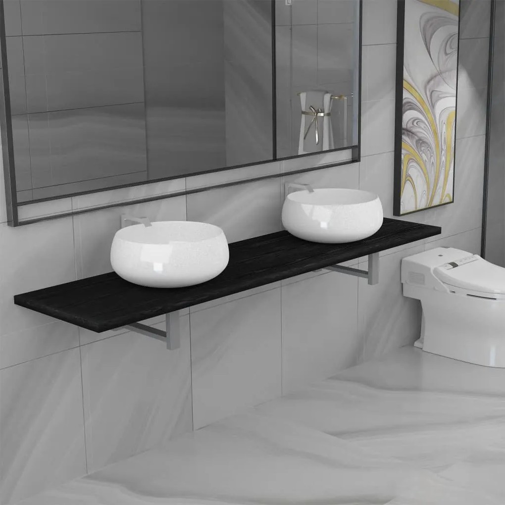 vidaXL Trojdielna sada kúpeľňového nábytku čierna keramická
