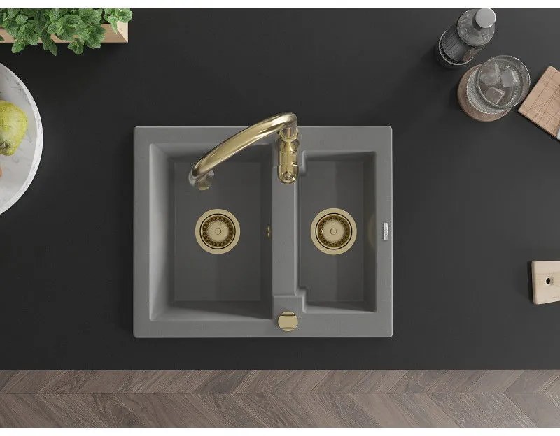 Mexen Carlos, 1,5-komorový granitový drez 582x475x177 mm a drezová batéria Savita, šedá, 6518-71-672601-50