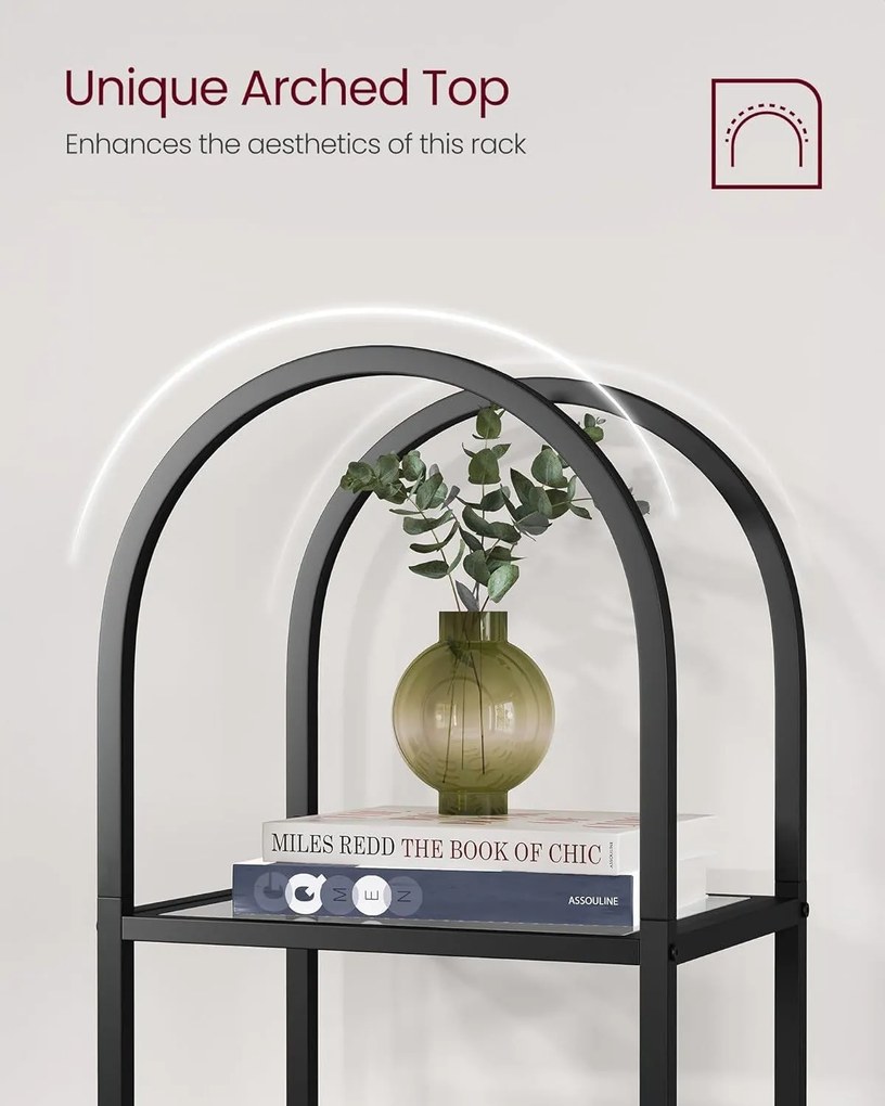 Oblúkovitý regál, 5-úrovňová stojaca polica, sklenená, čierna a sivá farba