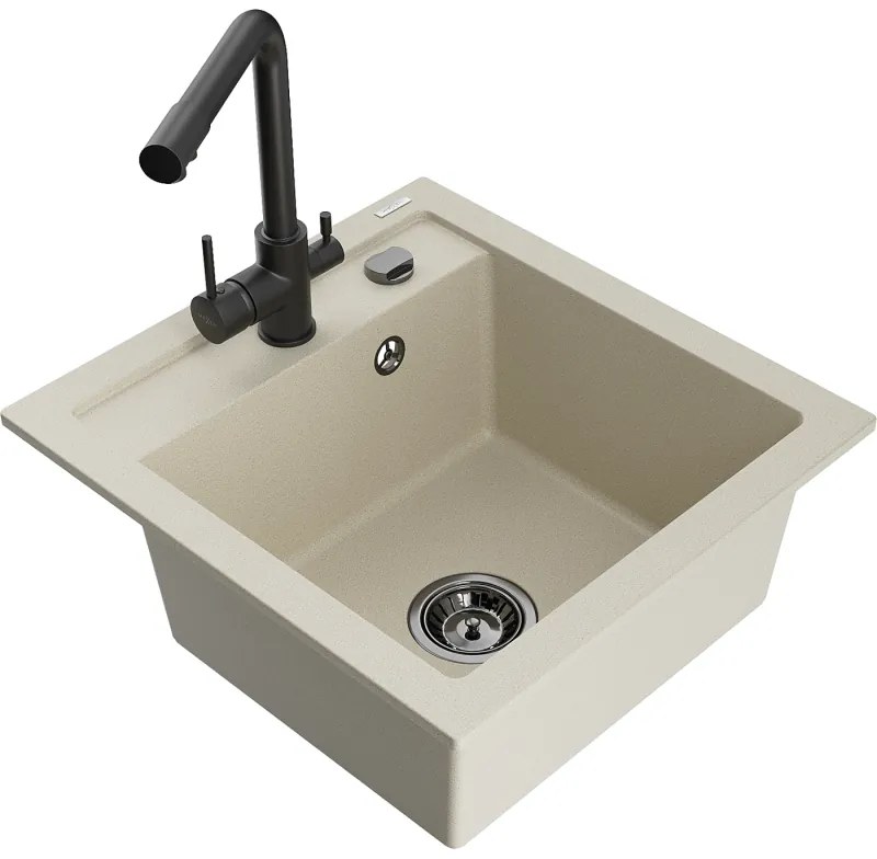 Mexen Vito, 1-komorový granitový drez 520x490x210 mm, čierna matná batéria Duero, béžová, 6503-69-671600-70