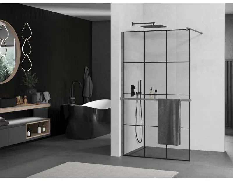 Mexen Kioto+, sprchová zástena Walk-In s poličkou a vešiakom 110 x 200 cm, 8mm číre sklo čierny vzor, grafitový profil, 800-110-121-66-77