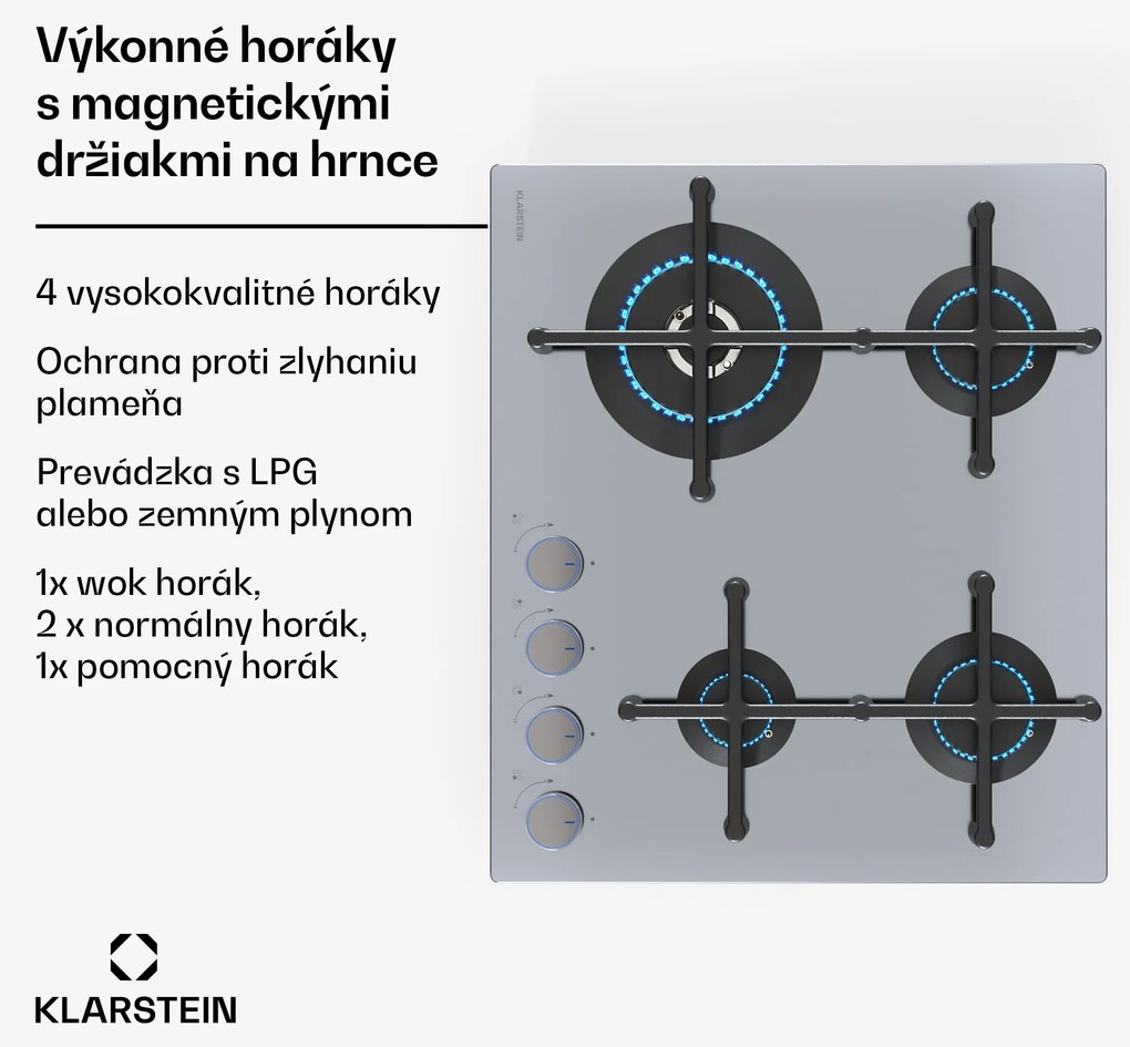 Klarstein Illuminosa 4 plynová varná doska 4-horáková Sabaf horák z nehrdzavejúcej ocele