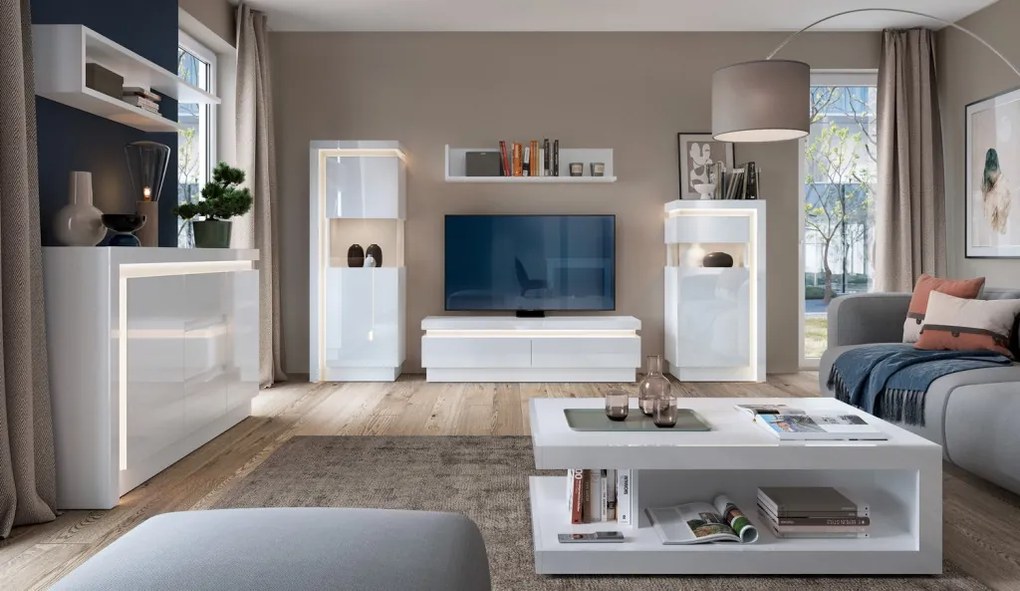 Nízka vitrína Lyon, biely lesk, s osvetlením, pravá