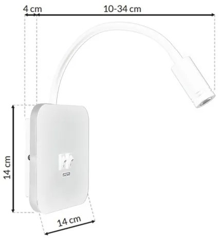 LED Flexibilná nástenná lampička s USB BASE 1xLED/8W + 1xLED/2W/230V biela