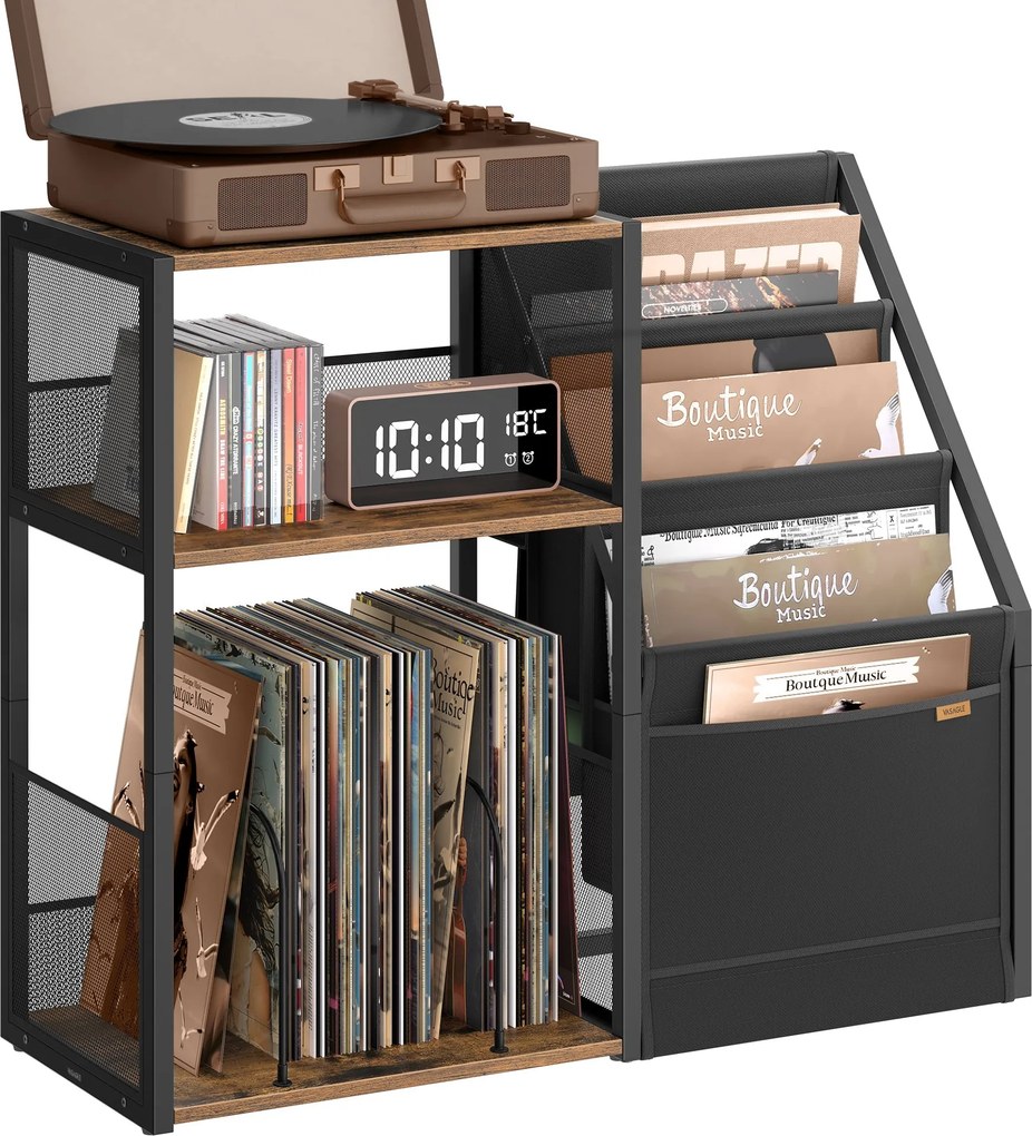 Stojan na gramofón, 3 úrovne, na odkladanie vinylových platní, rustikálna hnedá