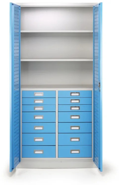 Dielenská zásuvková skriňa na náradie, 2 police, 14 zásuviek, perforované dvere, 900 x 500 x 1850 mm