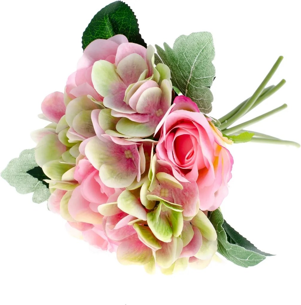Umelá kytica Ruža s hortenziou ružová, 28 cm