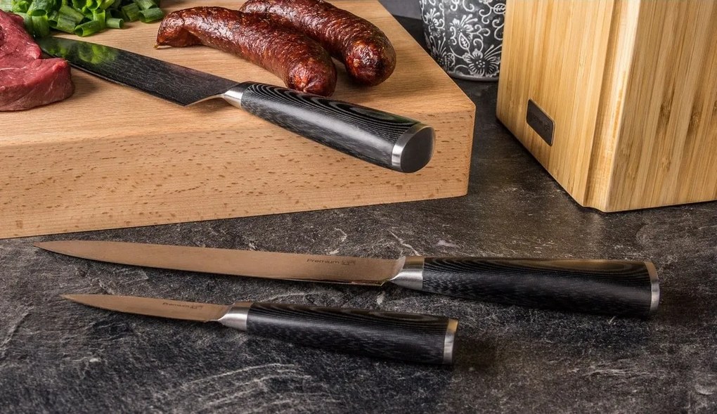 Súprava nožov G21 Damascus Premium v bambusovom bloku, Box, 3 ks + brúsny kameň