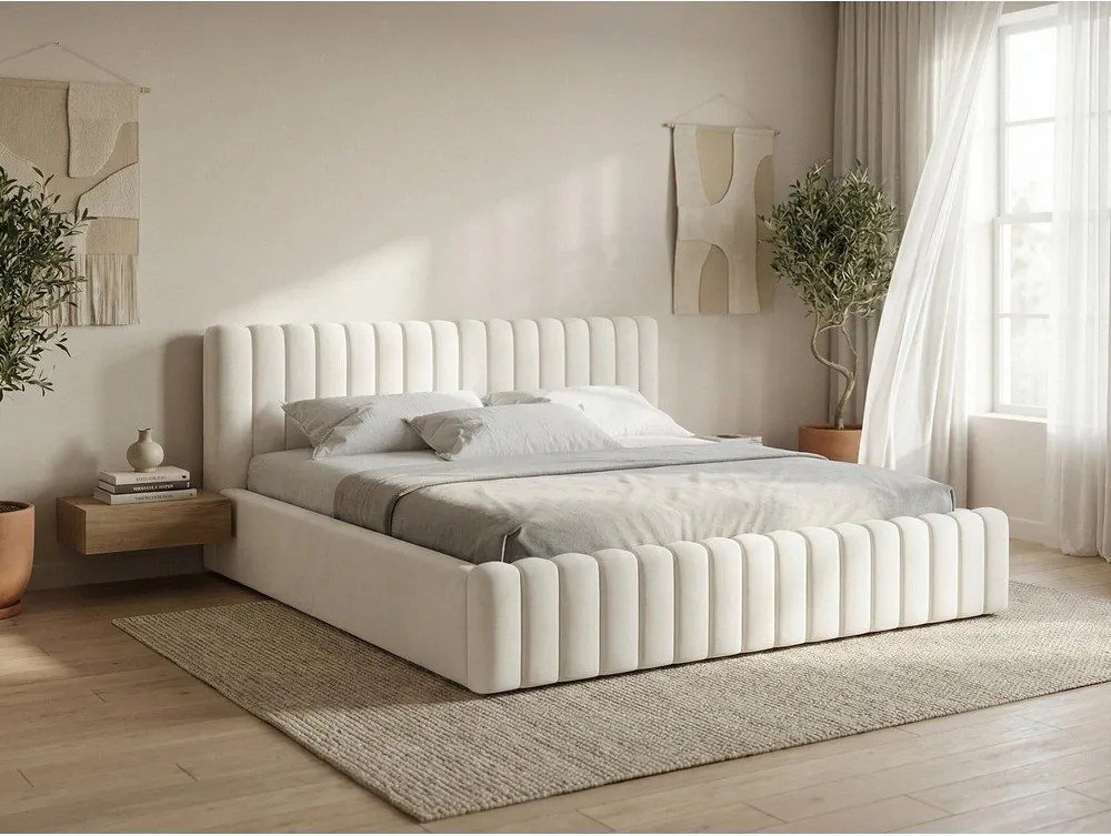 Svetlomodrá čalúnená dvojlôžková posteľ s úložným priestorom s roštom 140x200 cm Lemi – Makamii