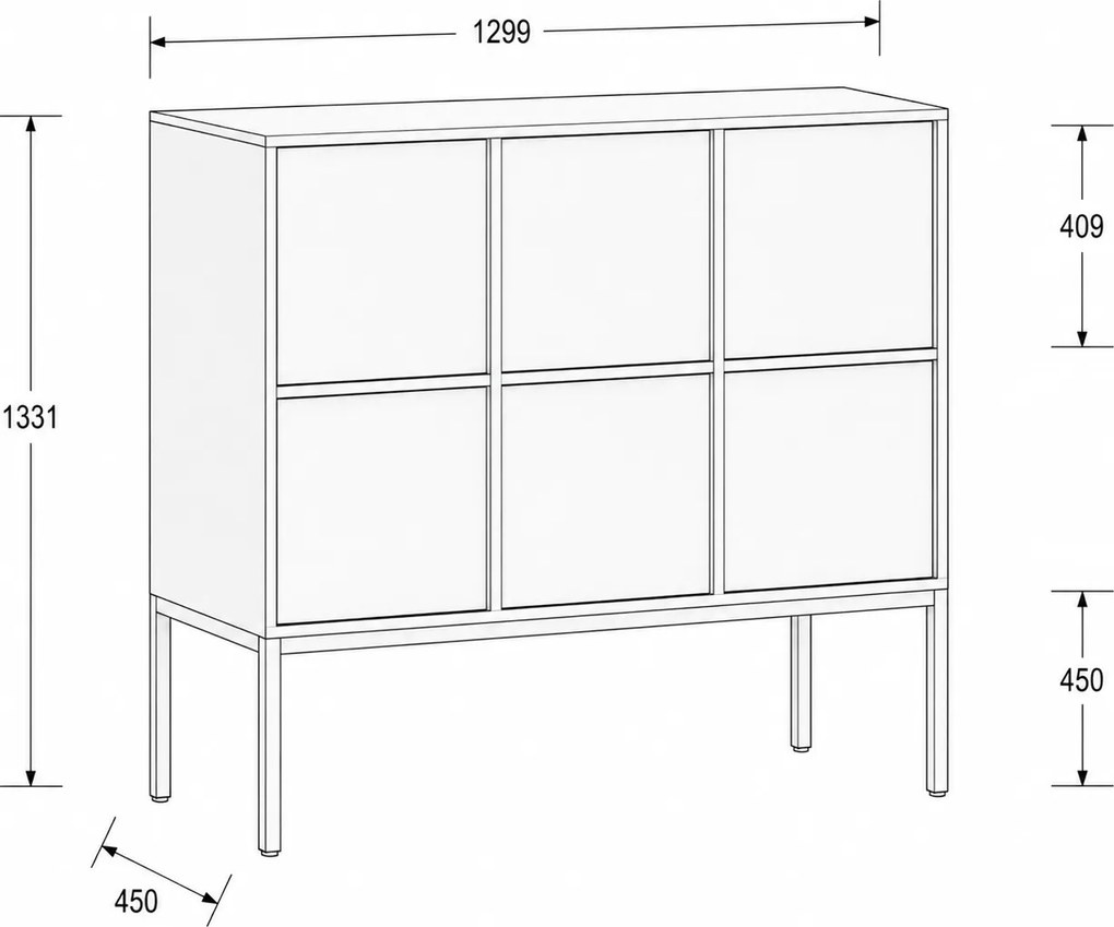 Kancelárska skriňa FRAME, nízka, čierna podnož, 6x dvere, 1299 x 450 x 1331 mm, PUSH-lock, dub prírodný
