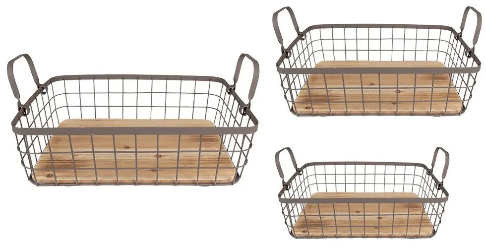 Set 3ks hnedý drôtený košík s dreveným dnom a uchami - 38*28*11 / 33*23*10 / 28*18*9 cm