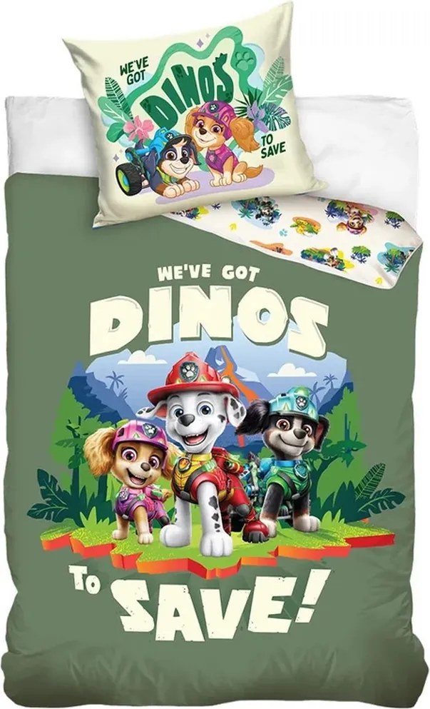 Bavlnené posteľné obliečky Labková patrola - Paw Patrol – Záchrana dinosaurov - 100% bavlna Renforcé - 70x90 cm + 140x200 cm