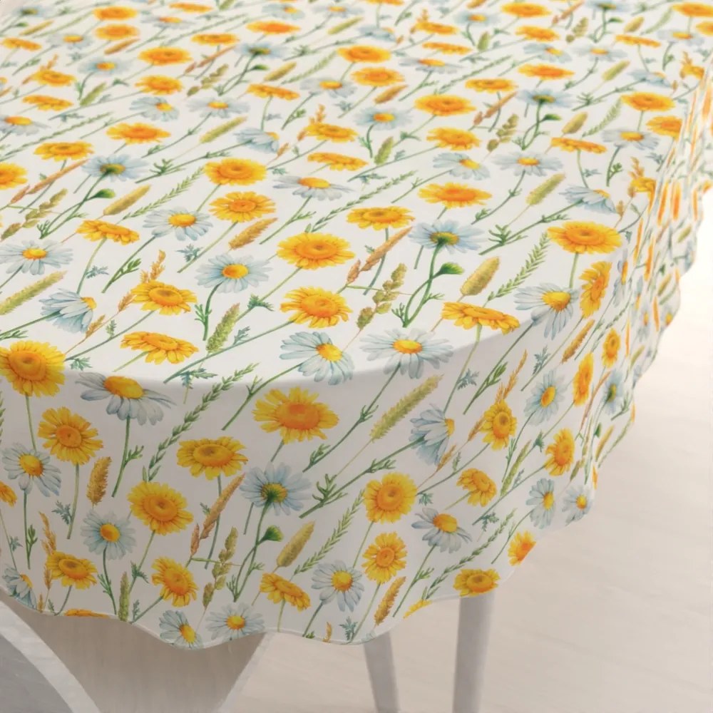 Biante Dekoračný oválny obrus PML-104 Biele a žlté margaréty na bielom 50x100 cm