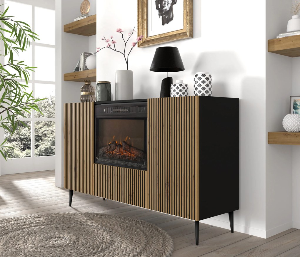 Skrinka s elektrickým krbom F 2D1K Rowanna (dub artisan + čierna). Akcia -20%. Vlastná spoľahlivá doprava až k Vám domov. 1125063