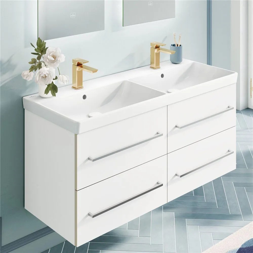 VILLEROY &amp; BOCH Avento dvojumývadlo na skrinku s dvomi otvormi, dva prepady, 1200 x 470 mm, biela alpská, 4A23CK01