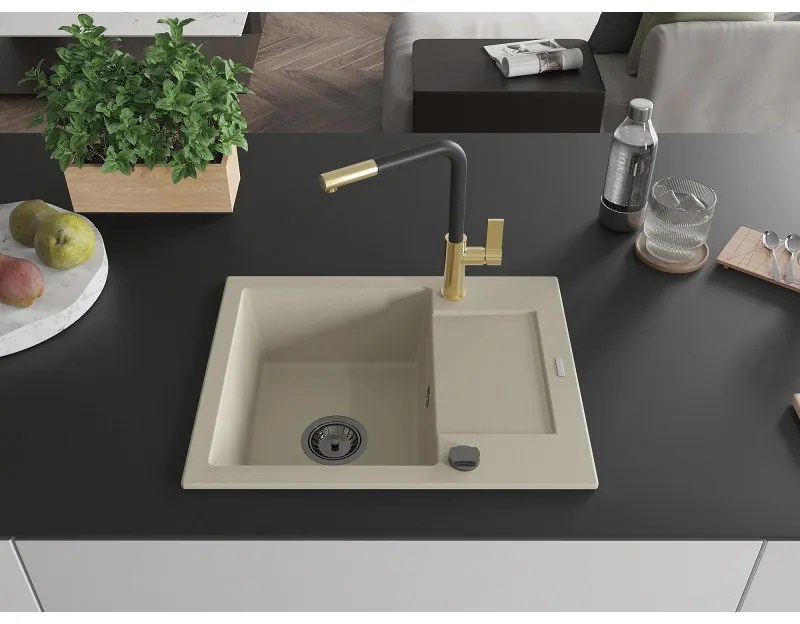 Mexen Enzo, 1-komorový granitový drez 576x465x174 mm a drezová batéria Flora, béžová, 6506-69-670401-57-B